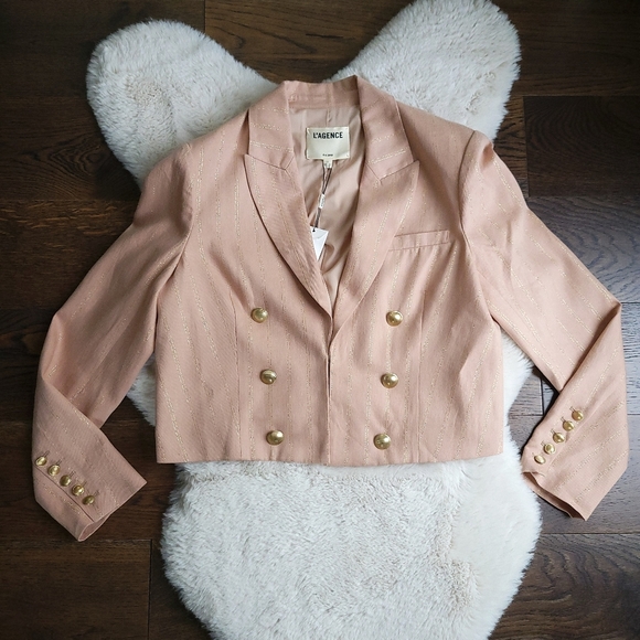 L'AGENCE Metallic Stripe Thread Crop Barbiecore Blazer - Picture 3 of 12